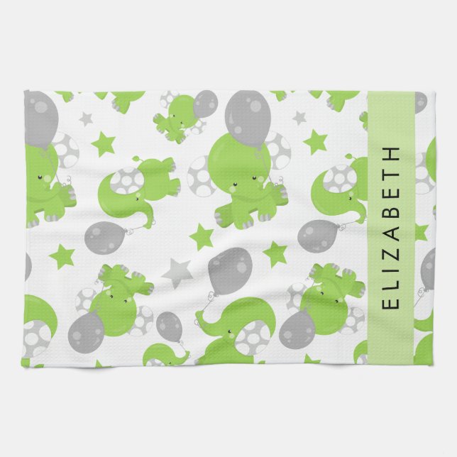 Muster grüner Elefanten, Sterne, Ihr Name Geschirrtuch (Horizontal)
