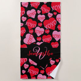 Muster Herz XOXO Liebe Rosa Schwarzes Monogramm Strandtuch