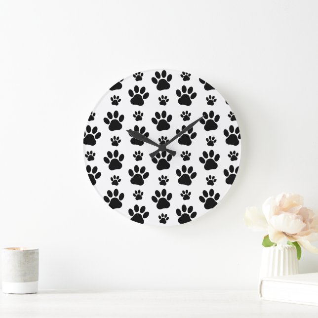 Muster, Hundeschrauben, Paw Prints, Schwarz und We Große Wanduhr (Zuhause)