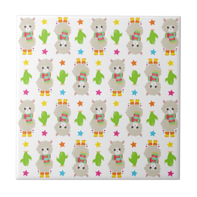Muster Llamas, Niedlich Llamas, Alpacas, Kakteen Fliese (Vorderseite)