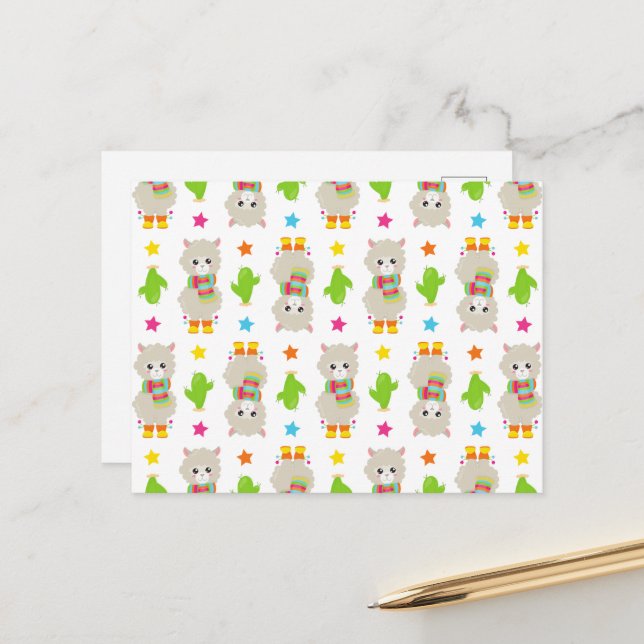 Muster Llamas, Niedlich Llamas, Alpacas, Kakteen Postkarte (Vorderseite/Rückseite Beispiel)