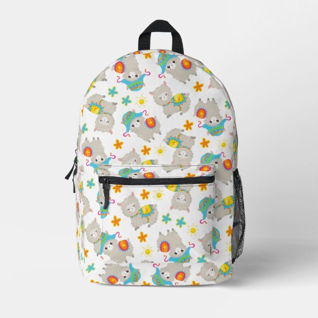 Muster Llamas, Niedliche Llamas, Alpacas, Blume Bedruckter Rucksack (Vorderseite)