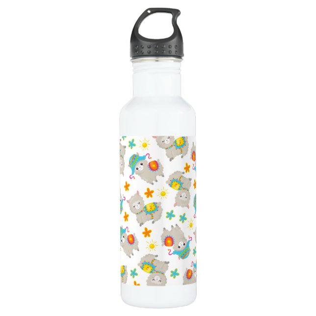 Muster Llamas, Niedliche Llamas, Alpacas, Blume Edelstahlflasche (Vorderseite)