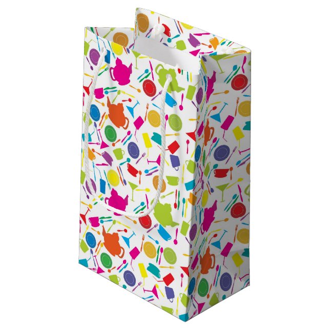 Muster mit farbigem Küchen-Material Kleine Geschenktüte (Rückseite Schrägansicht)