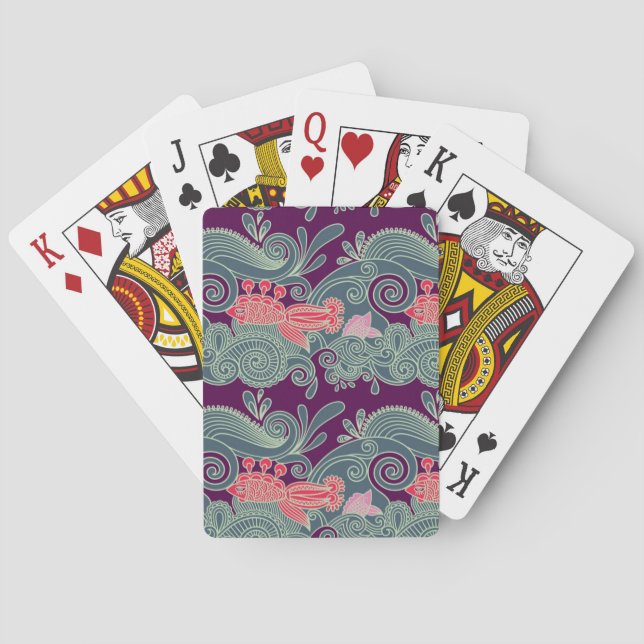 Muster mit Fischen und lila Welle Spielkarten (Rückseite)