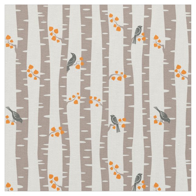 Muster mit Herbstbäumen und Vögeln Stoff (Nahaufnahme)