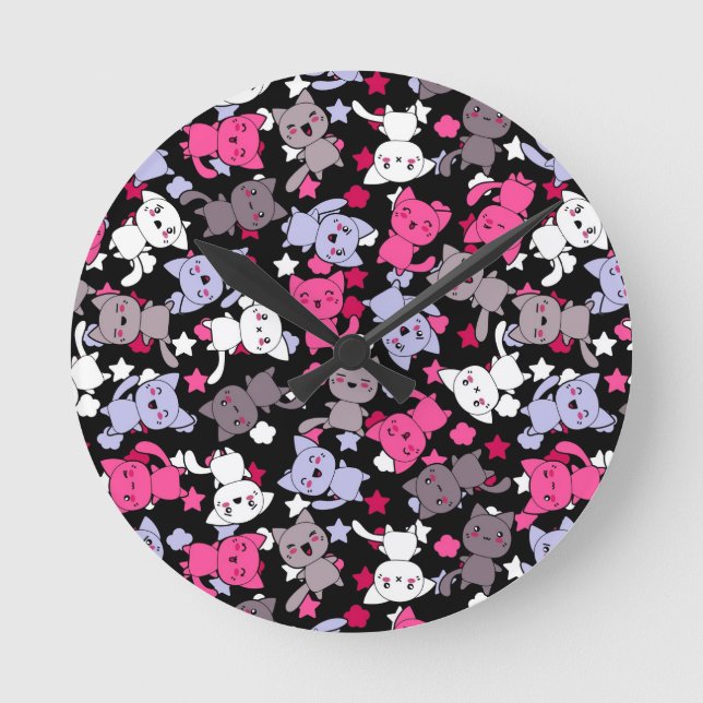 Muster mit niedlichen Kawaii-Doodle-Katzen 3 Runde Wanduhr (Vorderseite)