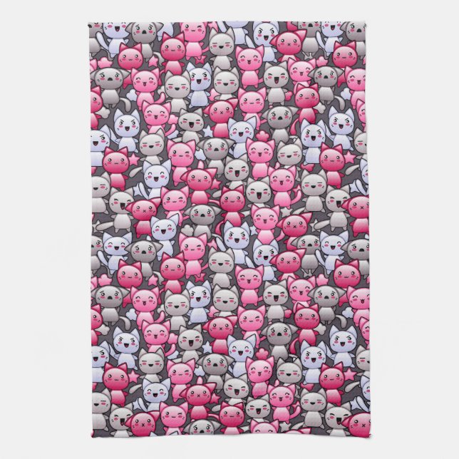 Muster mit niedlichen kawaii Gekritzelkatzen 2 Geschirrtuch (Vertikal)