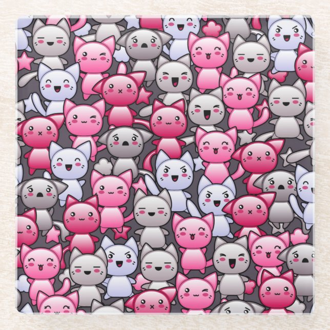 Muster mit niedlichen kawaii Gekritzelkatzen 2 Glasuntersetzer (Vorderseite)