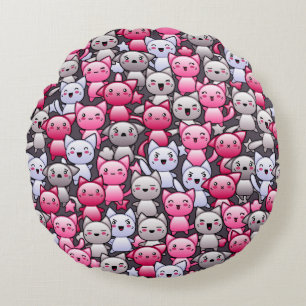 Muster mit niedlichen kawaii Gekritzelkatzen 2 Rundes Kissen