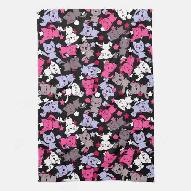 Muster mit niedlichen kawaii Gekritzelkatzen 3 Geschirrtuch (Vertikal)