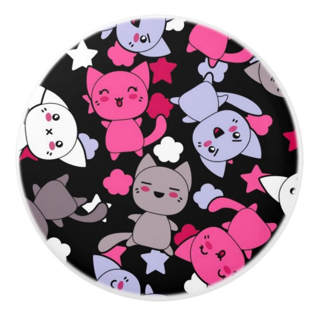Muster mit niedlichen kawaii Gekritzelkatzen 3 Keramikknauf (Vorderseite)
