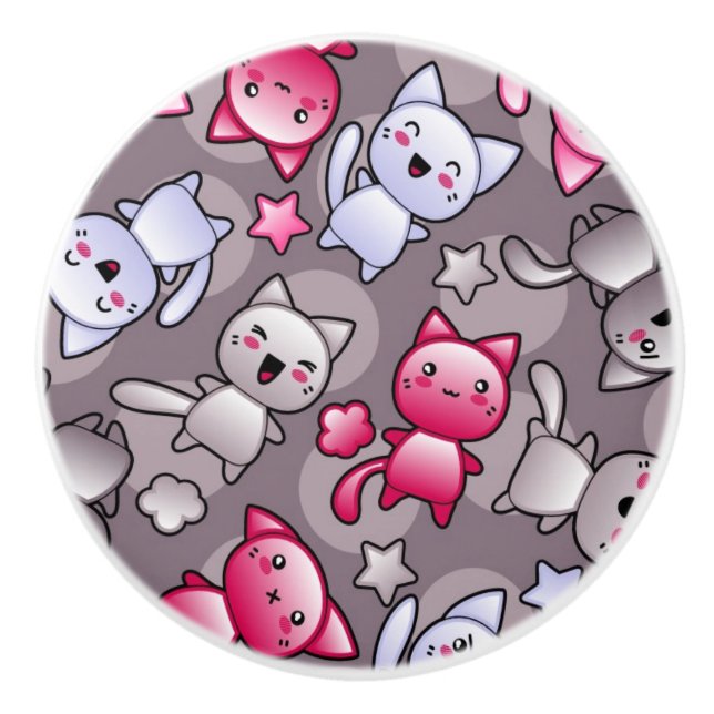 Muster mit niedlichen kawaii Gekritzelkatzen Keramikknauf (Vorderseite)