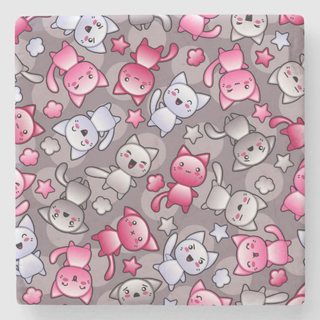 Muster mit niedlichen kawaii Gekritzelkatzen Steinuntersetzer (Vorderseite)