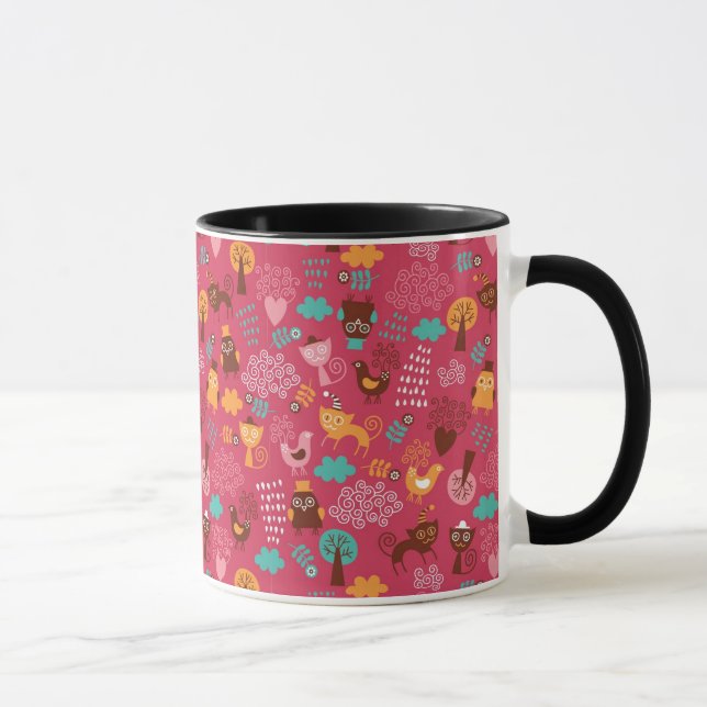 Muster mit niedlichen Vögeln und Katzen Tasse (Rechts)