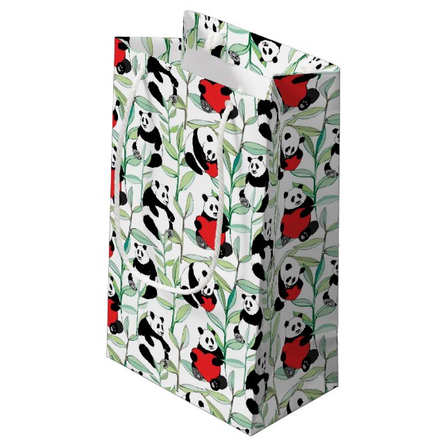 Muster mit reizenden Pandas mit Herzen Kleine Geschenktüte (Rückseite Schrägansicht)