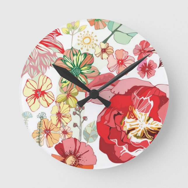 Muster mit roten Blumen Runde Wanduhr (Vorderseite)