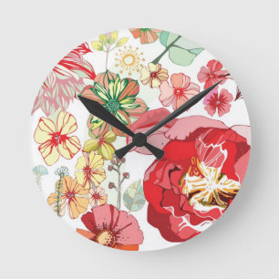 Muster mit roten Blumen Runde Wanduhr