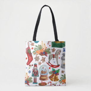 Muster mit Weihnachtsschmuck, Spielzeug und Tasche