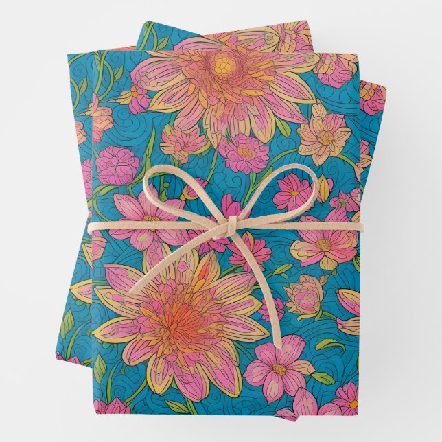 Muster rosa Blume auf blauem Hintergrund Geschenkpapier Set (Beispiel)
