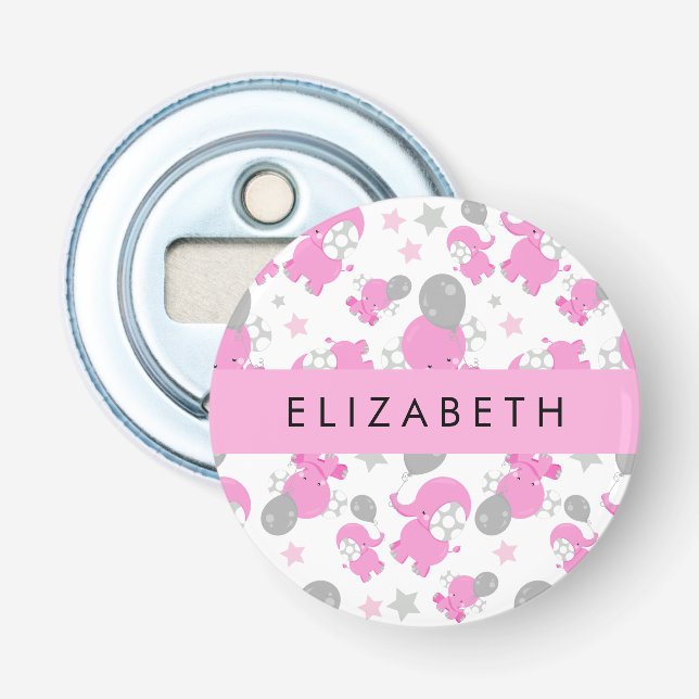 Muster rosa Elefanten, Sterne, Ihr Name Flaschenöffner (Vorderseite)