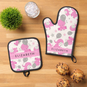 Muster rosa Elefanten, Sterne, Ihr Name Ofenhandschuh & Topflappen-Set