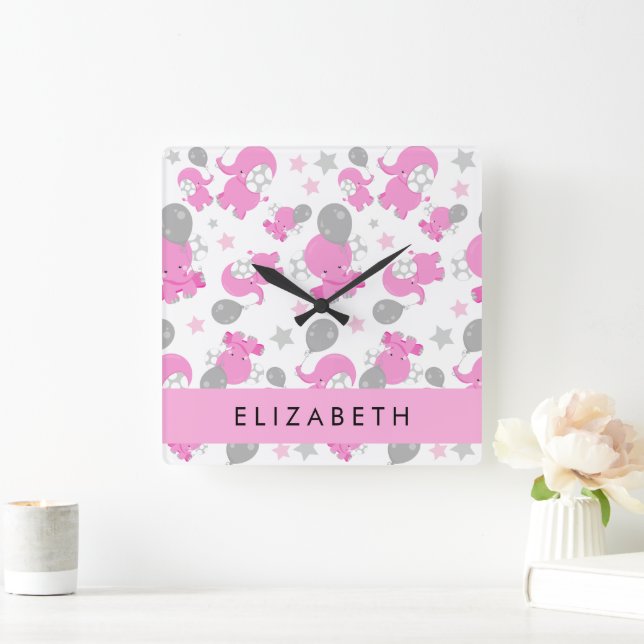 Muster rosa Elefanten, Sterne, Ihr Name Quadratische Wanduhr (Zuhause)