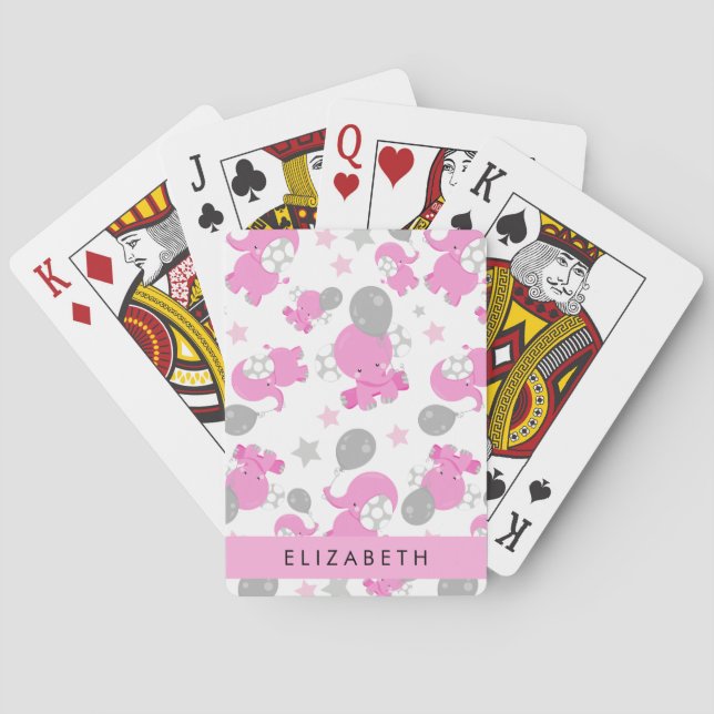Muster rosa Elefanten, Sterne, Ihr Name Spielkarten (Rückseite)