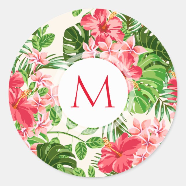 Muster Roter Hibiskus Monogramm Rundaufkleber Runder Aufkleber (Vorderseite)