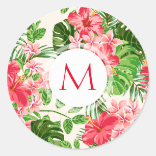 Muster Roter Hibiskus Monogramm Rundaufkleber Runder Aufkleber