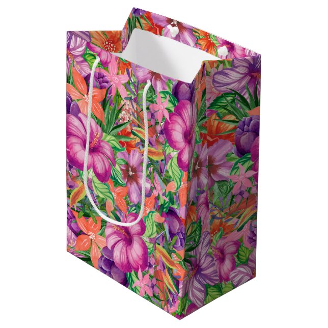 Muster tropischer hawaiianischer Blume Mittlere Geschenktüte (Vorderseite Schrägansicht)
