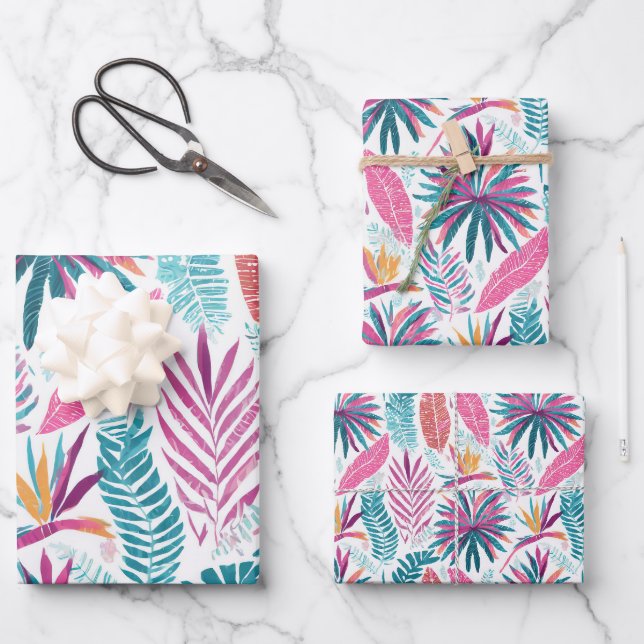 Muster tropischer Pflanze und Blume Geschenkpapier Set (Vorderseite)