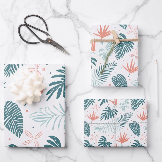 Muster tropischer Pflanze und Blume Geschenkpapier Set (Vorderseite)