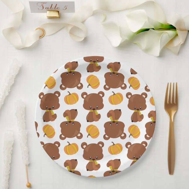 Muster von Bären, Niedlichen Bären, Fall, Kürbiski Pappteller (Hochzeit)