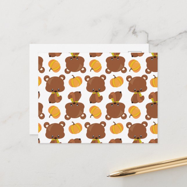 Muster von Bären, Niedlichen Bären, Fall, Kürbiski Postkarte (Vorderseite/Rückseite Beispiel)