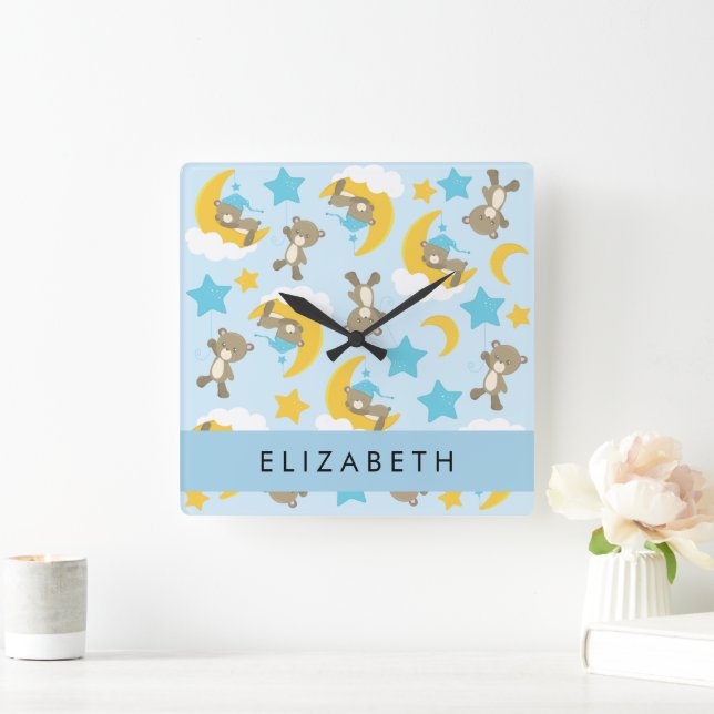 Muster von Bären, Teddybären, Sternen, Ihr Name Quadratische Wanduhr (Zuhause)