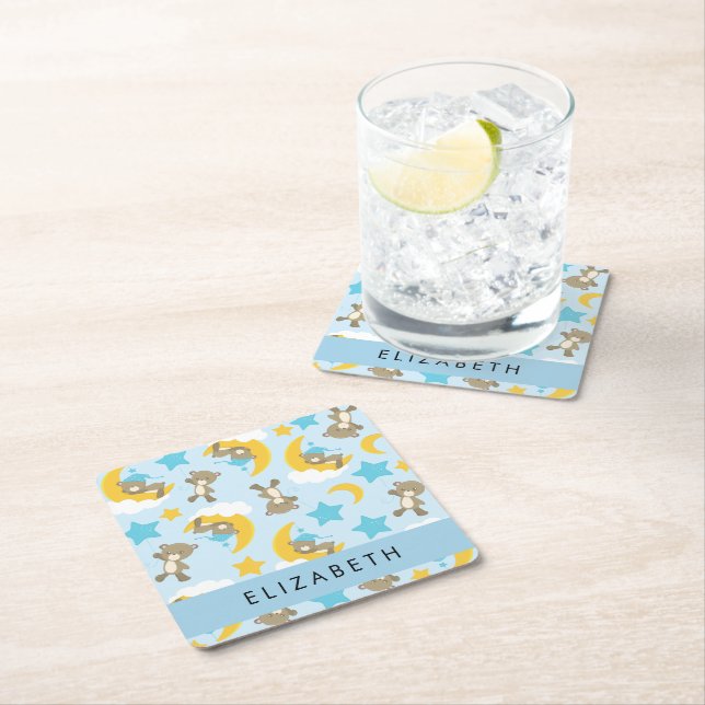 Muster von Bären, Teddybären, Sternen, Ihr Name Rechteckiger Pappuntersetzer (Vor Ort)