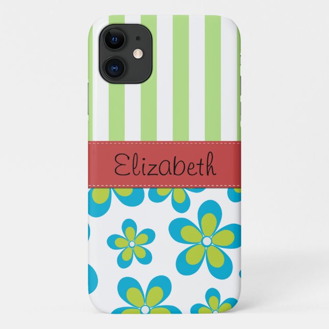 Muster von Blume, grünen Streifen, Ihr Name Case-Mate iPhone Hülle (Rückseite)