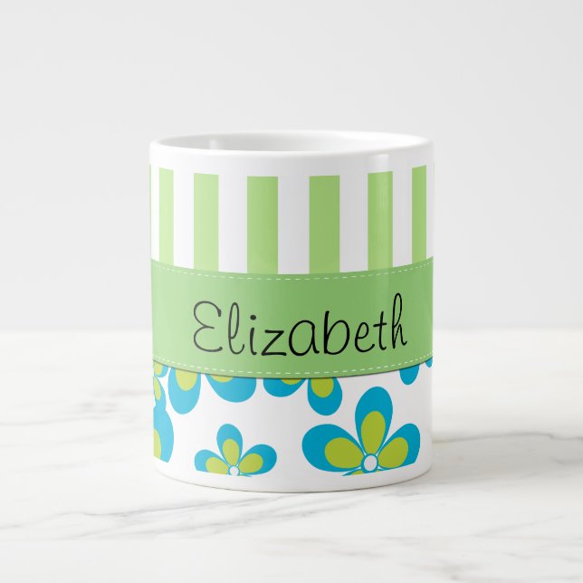 Muster von Blume, grünen Streifen, Ihr Name Jumbo-Tasse (Vorderseite)