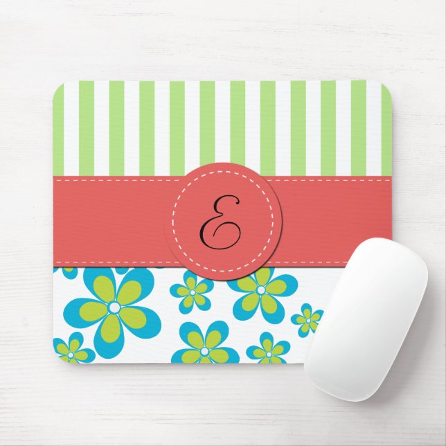 Muster von Blume, grünen Streifen, Monogramm Mousepad (Mit Mouse)