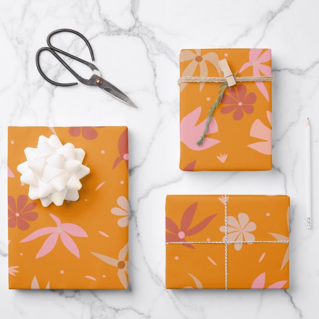 Muster von Boho Birds und Blume in Orange und Rosa Geschenkpapier Set (Vorderseite)