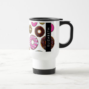 Muster von Donuts, farbenfrohe Donuts, Ihr Name Reisebecher