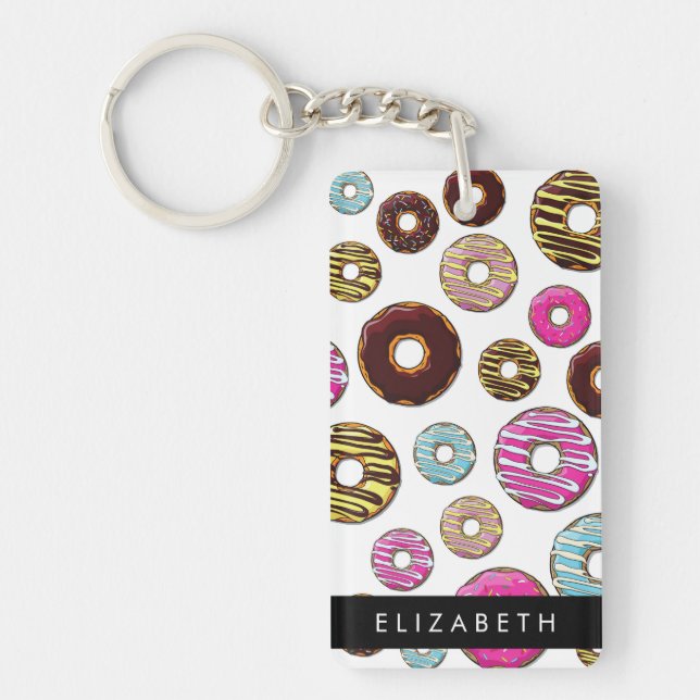 Muster von Donuts, farbenfrohe Donuts, Ihr Name Schlüsselanhänger (Vorderseite)