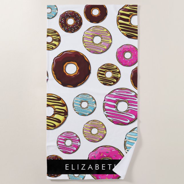 Muster von Donuts, farbenfrohe Donuts, Ihr Name Strandtuch (Vorderseite)