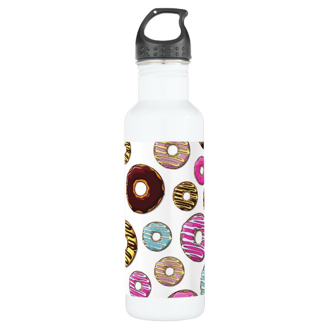 Muster von Donuts, farbenfrohe Donuts, Sprinklen Edelstahlflasche (Vorderseite)