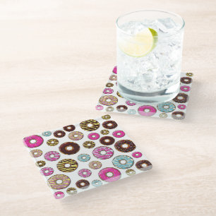 Muster von Donuts, farbenfrohe Donuts, Sprinklen Glasuntersetzer