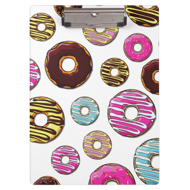 Muster von Donuts, farbenfrohe Donuts, Sprinklen Klemmbrett (Vorderseite)