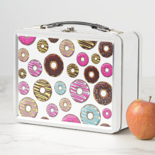 Muster von Donuts, farbenfrohe Donuts, Sprinklen Metall Brotdose