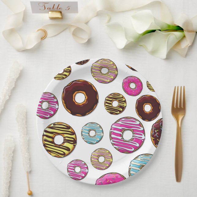 Muster von Donuts, farbenfrohe Donuts, Sprinklen Pappteller (Hochzeit)