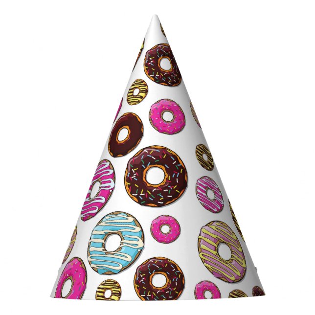Muster von Donuts, farbenfrohe Donuts, Sprinklen Partyhütchen (Vorderseite)